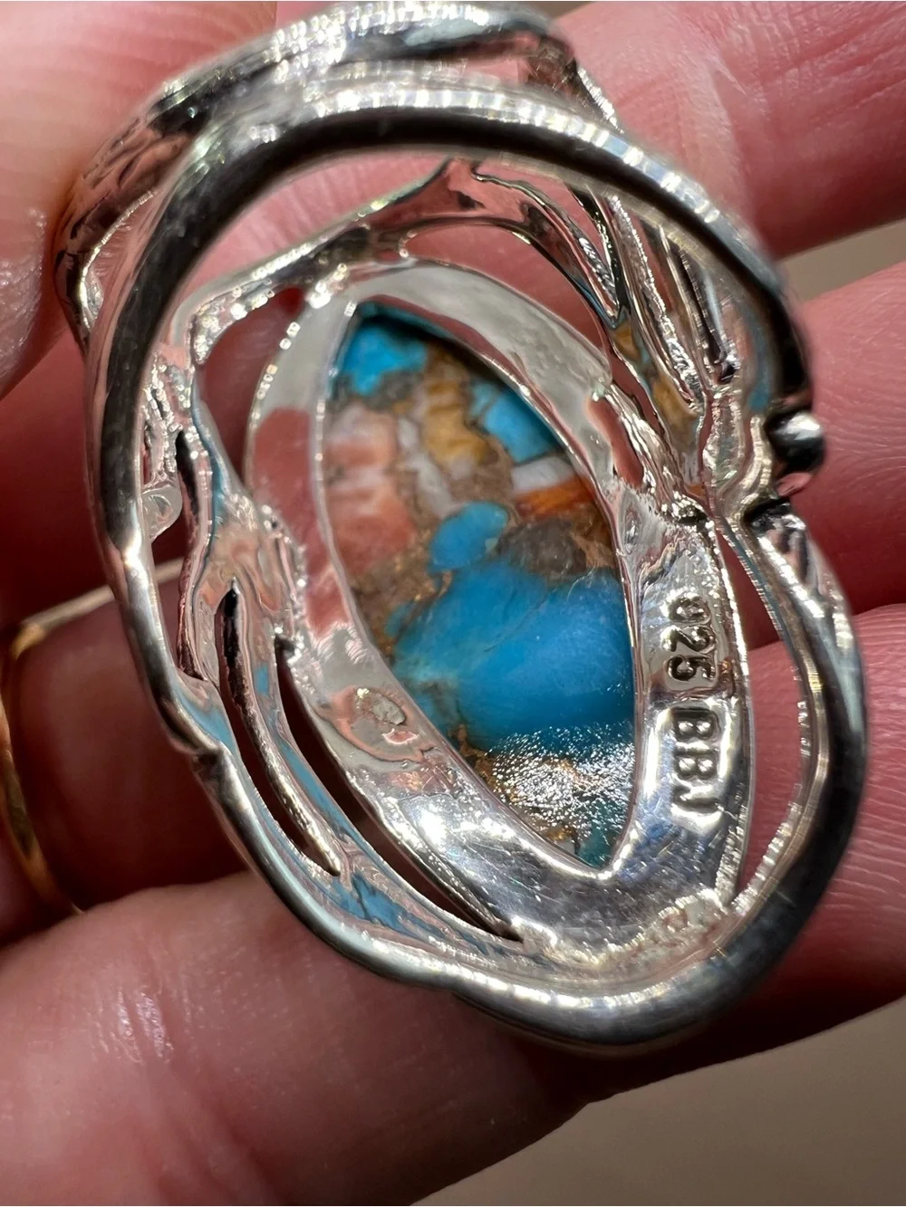 Oyster Copper Turquoise composite Sterling silver statement ring